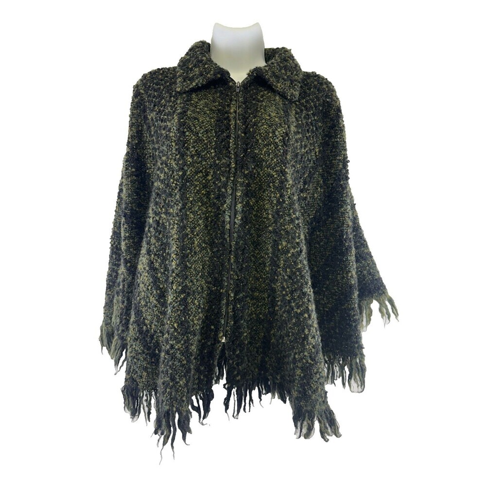 Branigan Weavers Wool Cape Poncho Sweater Full Zip Green‎ Black Striped One Size